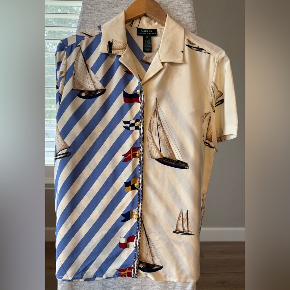 Vintage Lauren Ralph Lauren 100% Silk Sail Boat Ship Button Down Top shirt Med